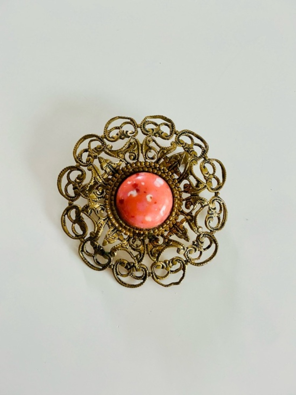 Vintage Filigree Round Brooch with Coral Cabochon Renaissance Revival Retro EUC